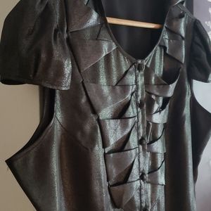 BCBG Silver Metallic Cap-Sleeve Button-Down Blouse